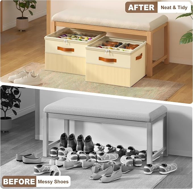 Shoe Organizer for Closet,2 Pack Foldable Shoe Storage Organizer Box Bin with Adjustable Dividers and Clear Cover, Fits up to 16-32 Pairs（Beige）