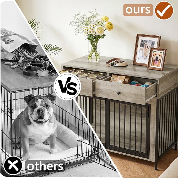 LEMBERI 44 Inch Large Dog Crate Furniture with 2 Storage Drawers | Indoor wooden kennel with decorative finish. Use as pet cage, dog house, or side table. Sturdy for large breeds
