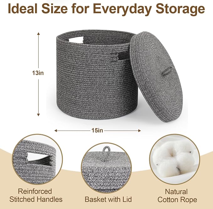 Storage Basket with Lid, Woven Blanket Storage for Living Room, Cute Cotton Rope Bin with Lid, Round Wicker Laundry Basket with Cover, Decorative Kid Dog Toy Box, Nursery Organizer, 15"x13"