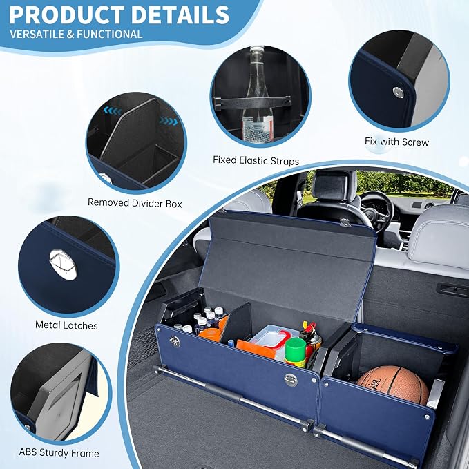 Leather Car Trunk Organizer SUV Trunk Organizer Car Trunk Storage Organizer | Large Trunk Organizer with Lid and Sturdy Handle Car Cargo Storage Box (Blue, 41 x 11.4 x 12.2in)