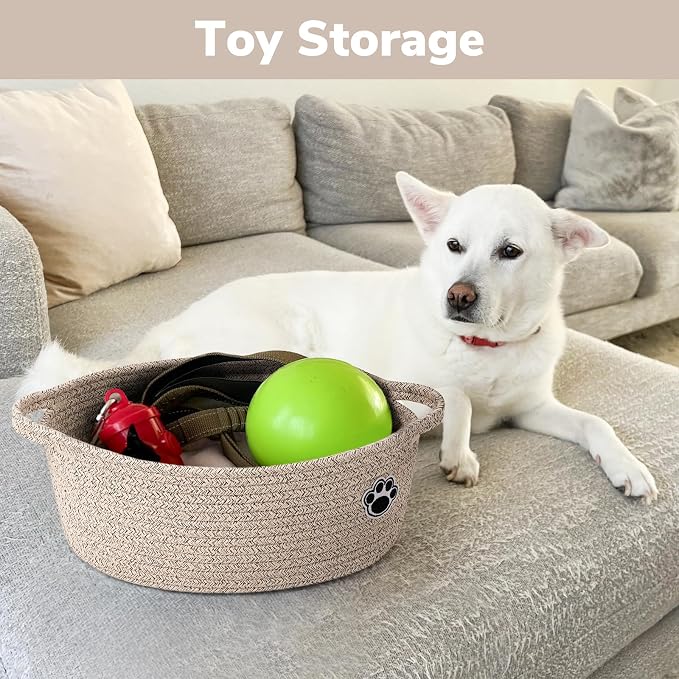 Dog Toy Basket, Small Woven Basket for Pet Toy Storage, Brown | 12"x 8" x 5" Small Dog Toy Bin & Box with Handles, Fits Living Room Bedroom Nursery Organization, Gift Basket Empty for Pets