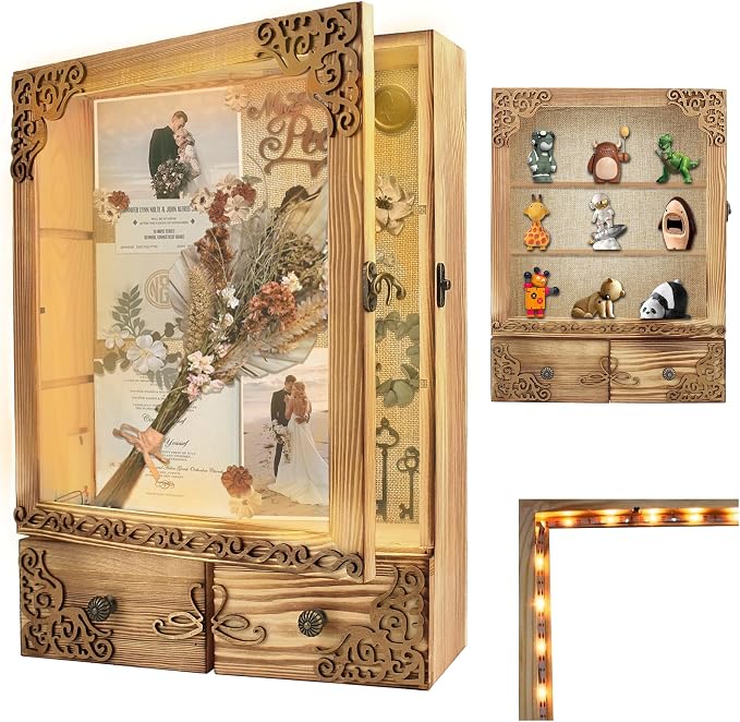 11x16 Shadow Box Frame with Light, Wedding Memorial Display Case with Shelves, Drawer and Slot for Keepsakes Large Deep Shadow Box for Flowers,Wedding Gift, Rustic Wood