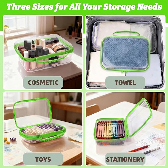 3 Pack Deep Clear Hard Shell Zipper Cases with Handle (Green) | Travel Toiletry Bag, Waterproof 1.2mm PET Hard Plastic Pouches, Organizer Box for Makeup, Toy, Snack, Stationery, Diaper