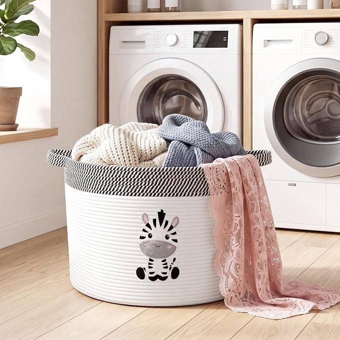 LemonRoad Extra Large Basket 20"x14", Woven Basket for Laundry Blanket Toy Box with Handle Storage, Blanket Storage for Living Room Nursery Pillows Chest(Cotton Rope,Zebra,Brown White)