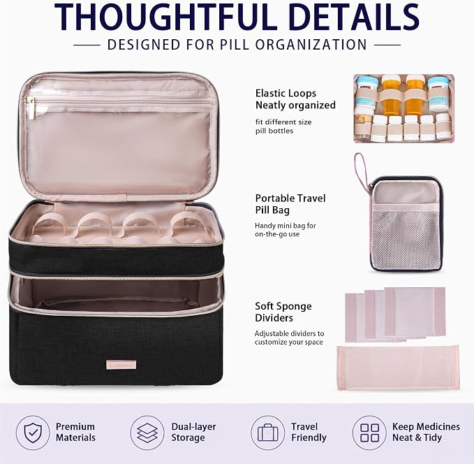 Lexeeco Travel Medicine Pill Bottle Organizer Bag with Portable Small Pouch | Medication Case with Lockable Zipper for Pill,Vitamin,Medicine Storage Box for College Dorm Student,Home,First Aid Bag Empty