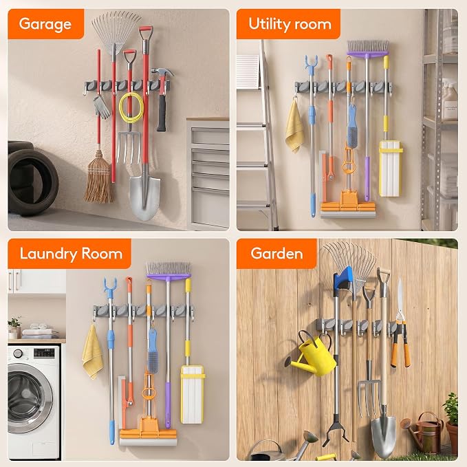 Lifewit Mop and Broom Holder Organizer Wall Mount Non-Slip, 2 Pack, Gray | Easy Install One Handed Push Cleaning Tool Hanger with 6 Hooks 5 Slots, Heavy Duty Hanging Utility Rack for Garden, Garage