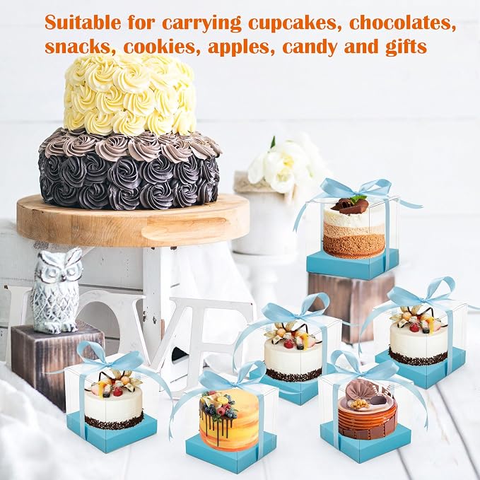 12 PCS Clear Cupcake Boxes 3.5 Inch Cupcake Containers (Blue) | Disposable Cupcake Carrier Plastic Individual Cupcake Storage Holder with Ribbons and Inserts for Wedding, Birthday Party