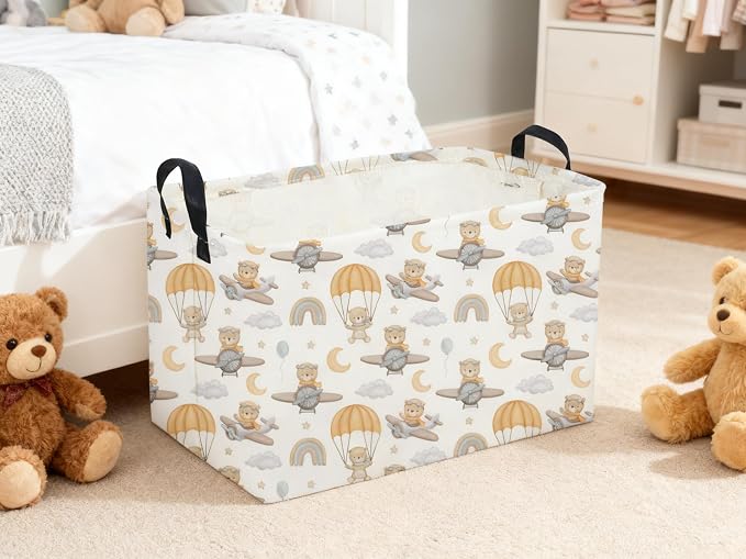 Sanjiaofeng Rectangular Kids Basket Bear Storage Bins,Cute Storage Basket with Handles.Clothers,Books,Kid's Gifts Bins. (Airplane Bear)