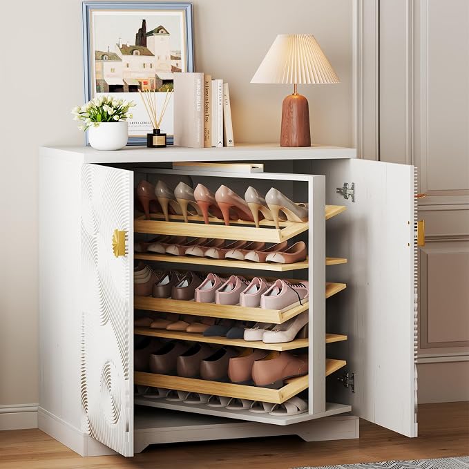 Vlsrka Shoe Storage Cabinet with Doors and 6 Tier Rotating Shelves, White | Suitable for 18 Pairs Shoe Organizer, Freestanding, Pull Out Shoe Rack, Wooden Entryway Cabinet for Hallway, Closet, Indoor