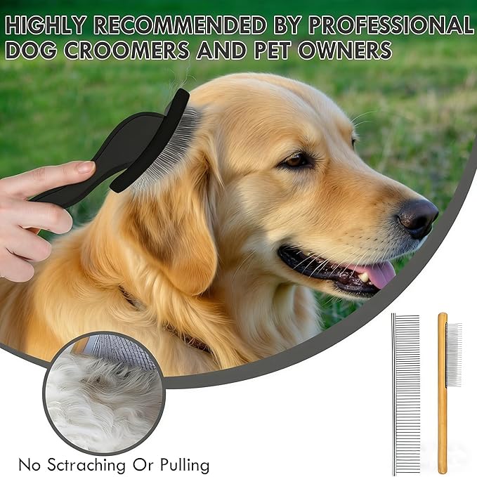 Slicker Brush for Dogs, Large Long Pin Dog Grooming Brush for Doodles Goldendoodles Poodles Labradoodle Bernedoodles, 3 Pcs Wooden Handle for Mats Tangles - Black