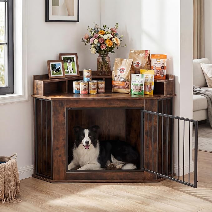 Corner Dog Crate Furniture for Small, Medium Dogs | Heavy Wooden Kennel, storage Shelves, Anti-Chew Design, Space-Saving, Indoor Use as TV Stand/Table