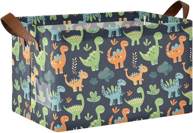 Sage Green Dinosaur Orange Black Baby Storage Basket with Labels&Handles Rectangular Waterproof Nursery Storage Bins Collapsible Shelf Organizer Baskets for Kids Books Cloth Gift Toys Laundry