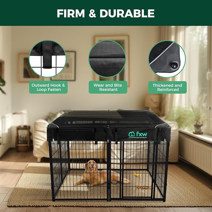 FXW Homeplus Indoor Dog Playpen with Mesh Top Cover, 40" H, 8 Panels | Calm Indoor Play Area, Cover Helps Deter Jump-Outs, for Medium & Large Dogs, Patented
