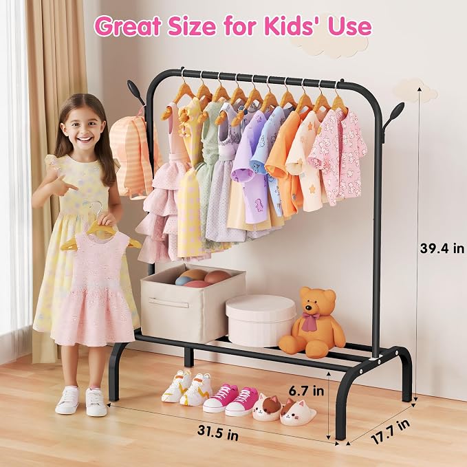 Kids Clothes Rack for Ages 3-6, Montessori Kids Clothing Rack, Black | Kids Dress up Rack with Bottom Shelf & Side Hooks, Toddler Wardrobe Rack for Bedroom, Playroom, Nursery & Small Room Storage