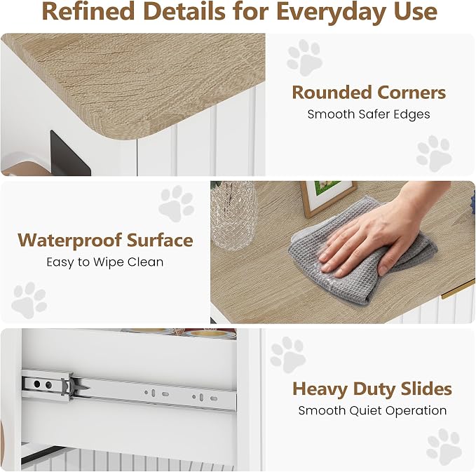 Dog Feeding Station Cabinet, Elevated Bowls with Slow Feeder Insert, White | Slow Feeder Insert, Large food bin, Removable Divider, 3 Side Hooks, Pull-Out Drawer, Easy to Clean for Small & Middle Dogs