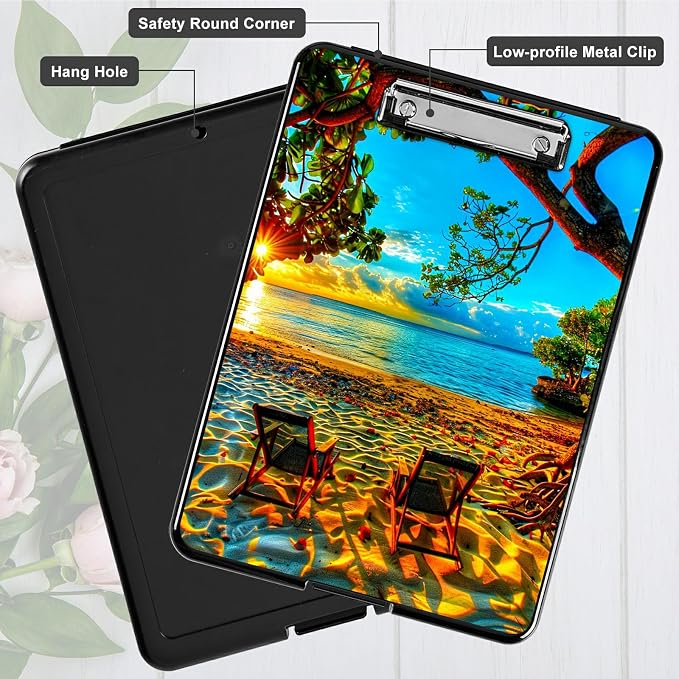 Beach Sunset A4 Clipboard with Storage Pen Holder, Clipboards Organizer Nursing Clipboard Foldable File Folder Plastic Clipboard Folio Clip Board for Office Students Classroom Doctor