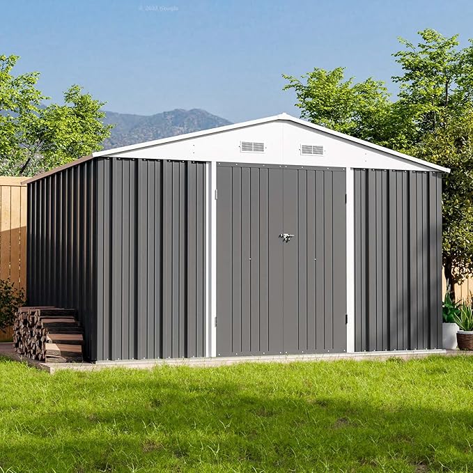 Patiowell Outdoor Storage Shed, 10 x 8 FT, Grey | Large Garden Tool Metal Shed, Sloping Roof, Double Lockable Door, For Backyard Garden Patio Lawn