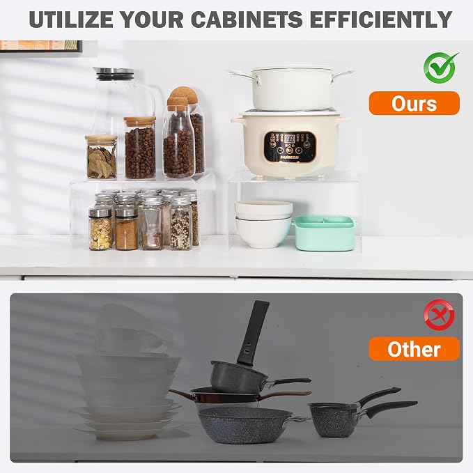 Clear Acrylic Cabinet Organizer Shelf 4Pcs, Stackable Cabinet Shelves, Dish Organizer for Cabinet, Kitchen Cabinet Organizer Riser, Pantry Cupboard Storage for Spice Bottles, Mugs, Small Plates & Jars