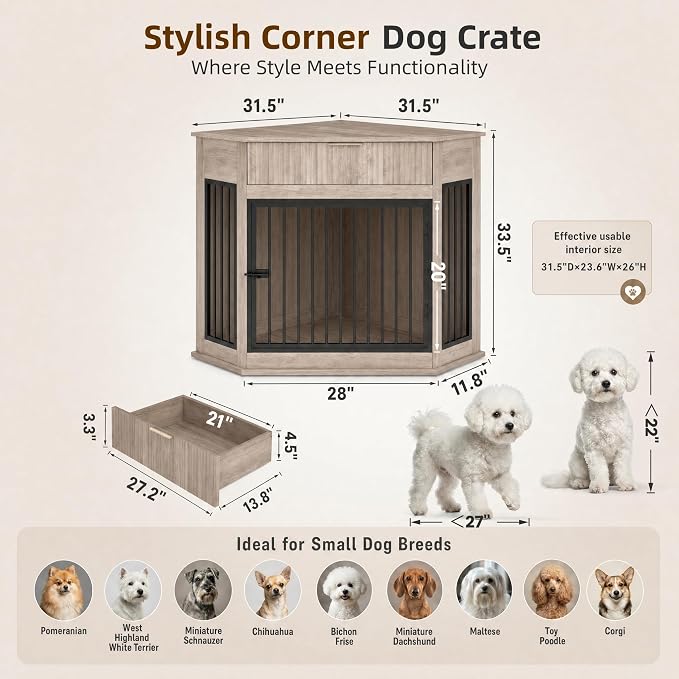 Corner Dog Crate Furniture with Fluted Drawer | MDF & Steel, Medium Dogs 26-40 lbs, Modern decorative pet house