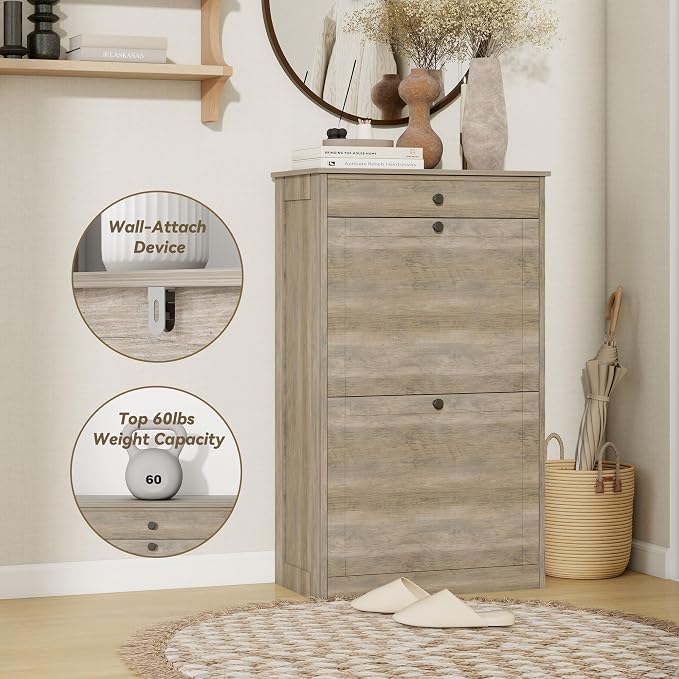 Shoe Cabinet with 2 Flip Drawers, Freestanding Shoe Storage Organizer | Narrow Shoe Rack with Drawers, Slim Shoe Cabinet for Entryway, Closet, Hallway, Living Room, Rustic Gray