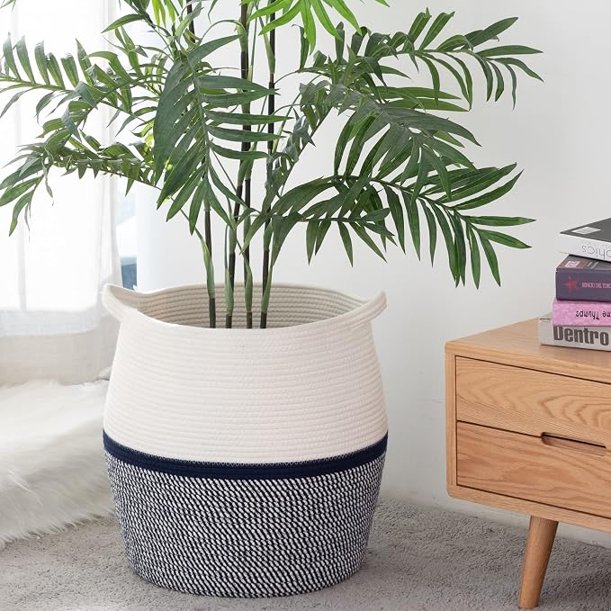 KAKAMAY Woven Baskets for Storage(17"x17"),Large Cotton Rope Basket Woven Baby Laundry Hamper,Collapsible Laundry Basket, Blanket Basket for Living Room,Nursery,Clothes, Toy chest(Navy Blue)