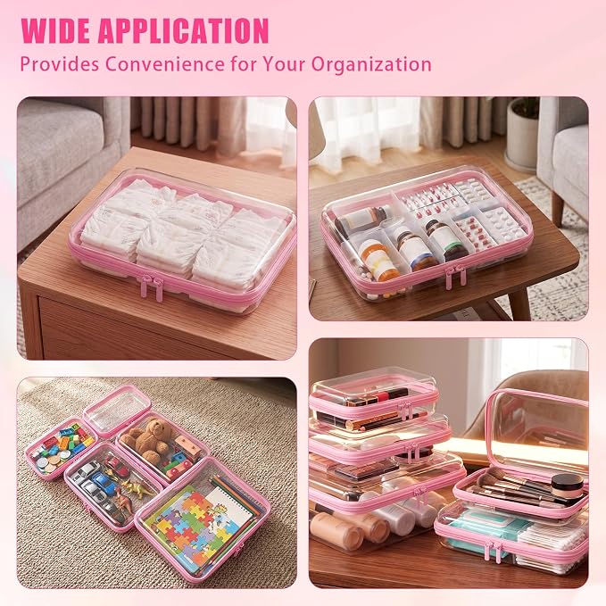 5 Pack Clear Hard Shell Zipper Diaper Bag Organizer Pouches (Pink)