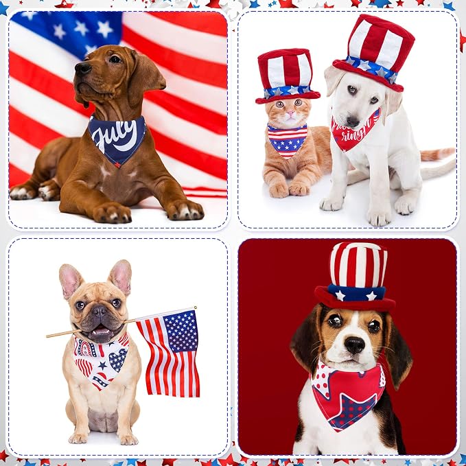 Sanwuta 60 Pcs 4th of July Dog Bandanas Patriotic Dog Bibs American Pet Costume Adjustable Cat Holiday Outfit Washable Triangle Scarf Kerchief for Small to Medium Pet