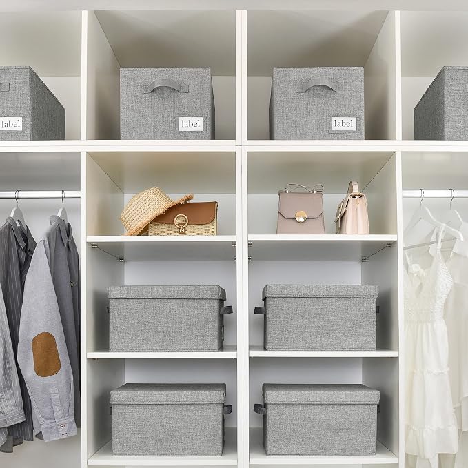 GRANNY SAYS Storage Bins with Lids, Decorative Storage Boxes with Lids | Storage Box with Dust Cover, Handles & Lable, Collapsible, Ideal for Closet Clothes Blanket Toys, Medium, Dark Gray, 3-Pack
