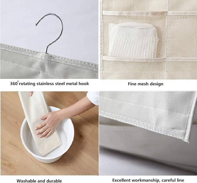 Closet Hanging Organizer with Mesh Pockets & Rotating Metal Hanger,Dual Sided Wall Shelf Wardrobe Storage Bags,Oxford Cloth Space Saver Bag for Bra Underwear Underpants Socks (white)