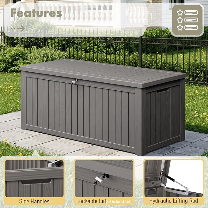 230 Gallon Outdoor Storage Box Waterproof Deck Box for Patio | Gray, Resin, Large, Weatherproof, Divider, Lockable, Hydraulic Rod, Easy Assembly, Patio Cushions Storage, Organization
