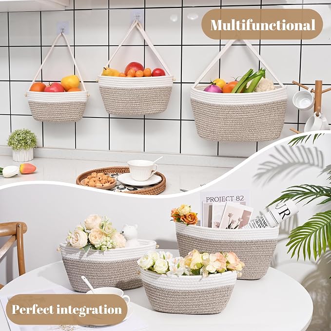 Hanging Basket, 3-Tier Woven Wall Basket with 4 Hooks, Cotton Rope Storage Baskets, Over the Door Organizer for Nursery, Bedroom, Cottage and Boho Wall Decor