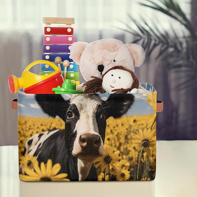 Cow Sunflower Storage Basket Bin Memorial Day Large Fabric Toys Storage Cube Box with Handles Collapsible Closet Shelf Cloth Organizer for Nursery Bedroom Bathroom
