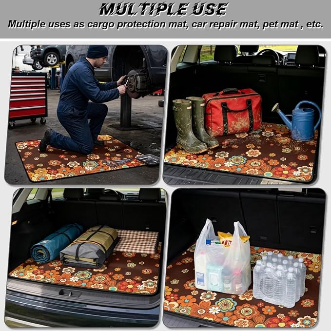 Howilath Retro Orange Floral Trunk Mats for Cars All Weather SUV Cargo Liner Durable Non-Slip Trunk Mat Universal Rear Cargo Protection Vehicle Interior Accessories 29"x39"