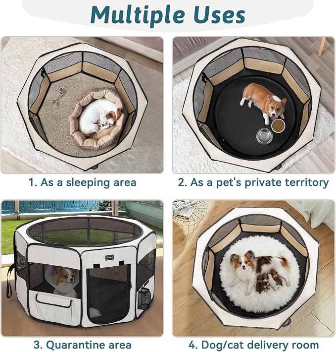 PETSFIT Portable Dog Playpen 36", Removable Waterproof Mat, Zippered Roof | 3-Second Setup, Collapsible Storage, RV Camping Travel, Indoor Outdoor Use, Medium Dogs and Cats, 36"L x 36"W x 21"H