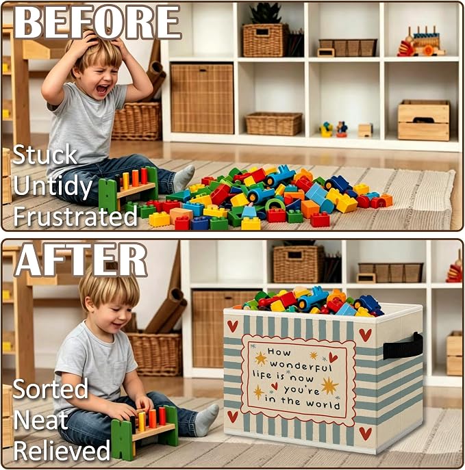 Nursery Cube Storage Bins with Handles, How Wonderful Life Is Now You're In the World Collapsible Fabric Storage Basket Boxes Books Clothes Organizer for Boys Girls Bedroom Bathroom