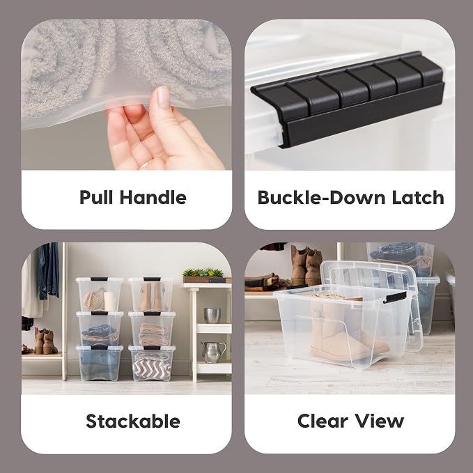 IRIS USA 6-Pack 32 Quart Storage Bins with Lids, Clear | Transparent design makes items easy to find, Great for linens, décor, closet storage, and supplies, Nestable to save space