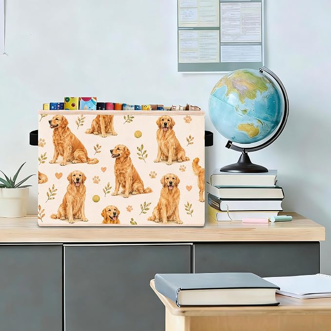 Golden Retriever Storage Bin, Foldable Fabric Organizer Basket | Golden retriever storage bin with dog pattern, tennis ball, leaf and paw details, foldable fabric design.
