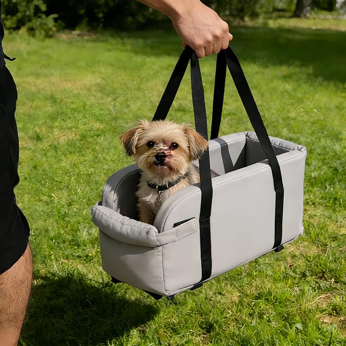 Center Console Dog Car Seat for Pets Up to 9 lb, Grey | Water-resistant faux leather; 16.41 x 7.87 x 8.66 in; pets up to 11 in long. Measure your console before purchase.