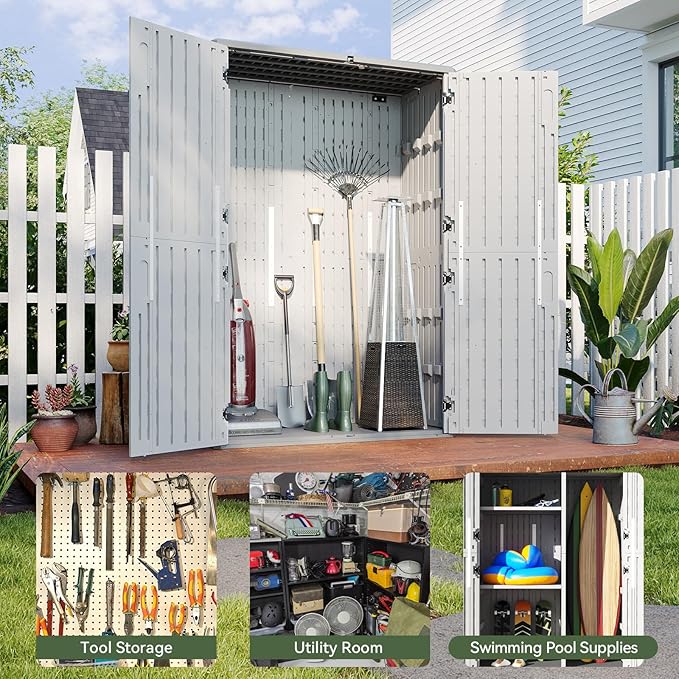 Aoxun Outdoor Storage Shed, 64 Cu.Ft Vertical Resin Sheds, White | Storage Sheds with Floor, Outdoor Waterproof Storage Cabinet for Garage Storage, Pool Storage, Bike Shed, Garden Shed