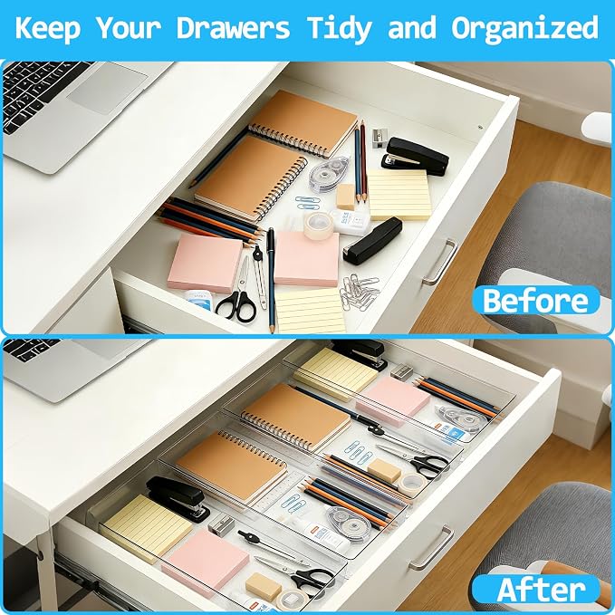 Manalete 14 Pcs Plastic Drawer Organizer with 2 pcs 15"x6" Vanity Organizer | Durable Clear PET Storage Bins Tray for Desk, Kitchen & Bathroom, Office, Makeup, Tools, Easy Clean, Stackable, BPA-Free
