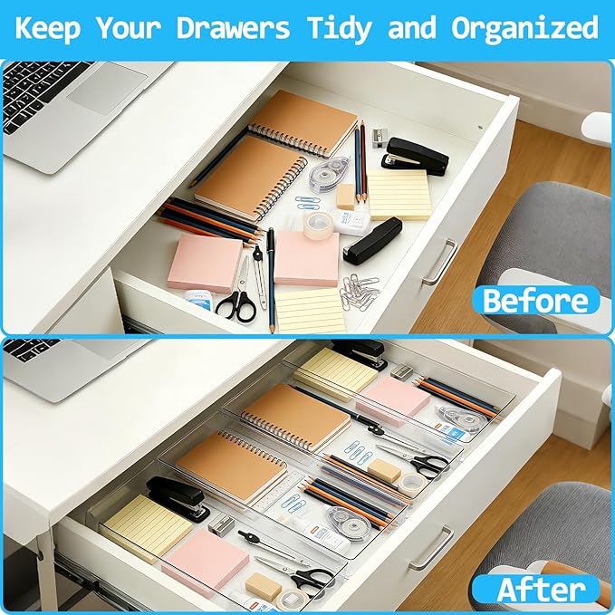 Manalete 8 Pcs Large Clear Plastic Drawer Organizer,12"x6" Vanity Organizer | Durable Clear PET Storage Bins Tray for Desk, Kitchen & Bathroom, Office, Tools, Easy Clean, Stackable, BPA-Free