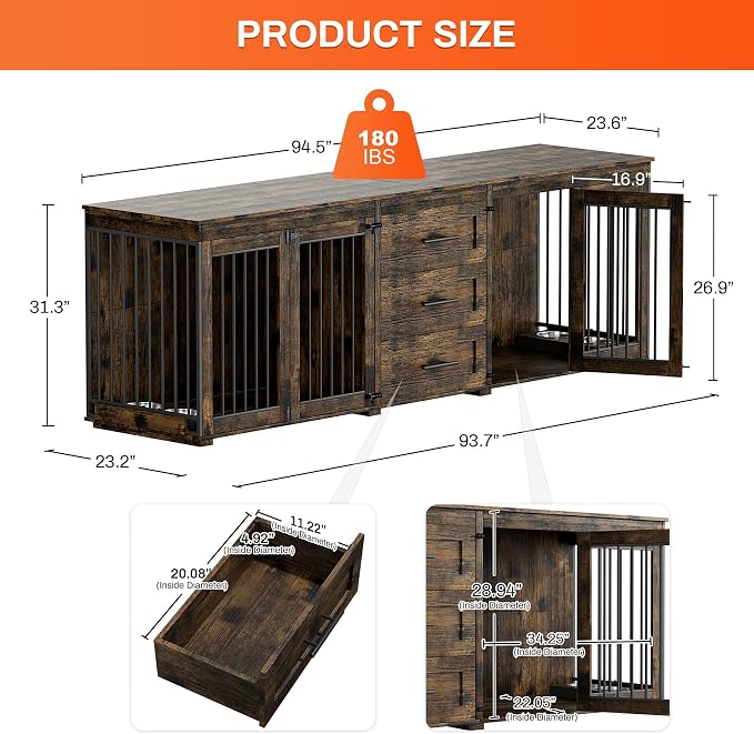 Rophefx 94.5" Dog Crate Furniture for 2 Dogs, Wooden Kennel TV Stand,Brown | Indoor double dog house with 3 storage drawers, 4 feeding bowls, lockable doors, and a wide top for large and medium dogs