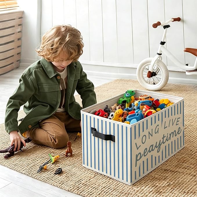 Kids Playroom Foldable Storage Bins Box with Handles, Long Live Playtime Blue Striped Decorative Storage Boxes Baskets Toybox Organizer for Kids Boys Girls Nursery Room Bedroom Playroom