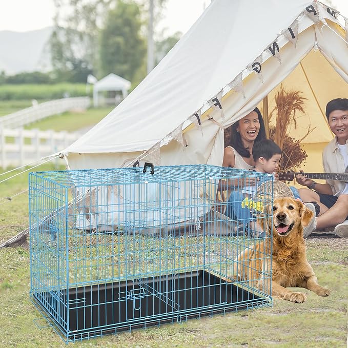 Dopinmin 48 Inch Heavy Duty Dog Crate Double Door Folding Metal Dog Cage Dog Crates for Large Dogs Outdoor Indoor Includes Divider Panel and Leak-Proof Tray,Blue