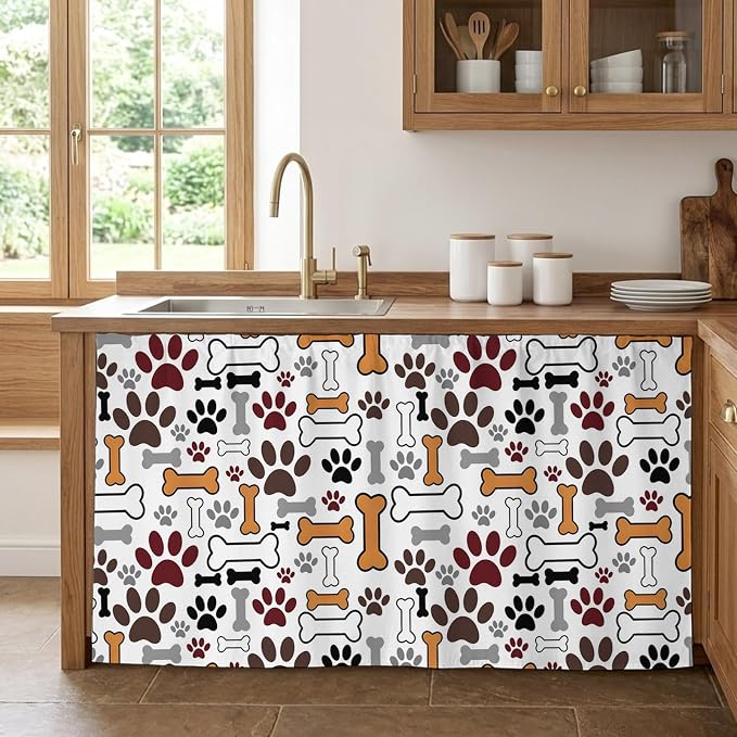 Dog Claws Cabinet Curtains 28"x51" Sink Skirt for Bathroom Kitchen, Pet Cat Cartoon Cute Animal Bone Pawprints Self Stick Adhesive Under Desk Covers Tall Laundry Cabinet Storage Organizer