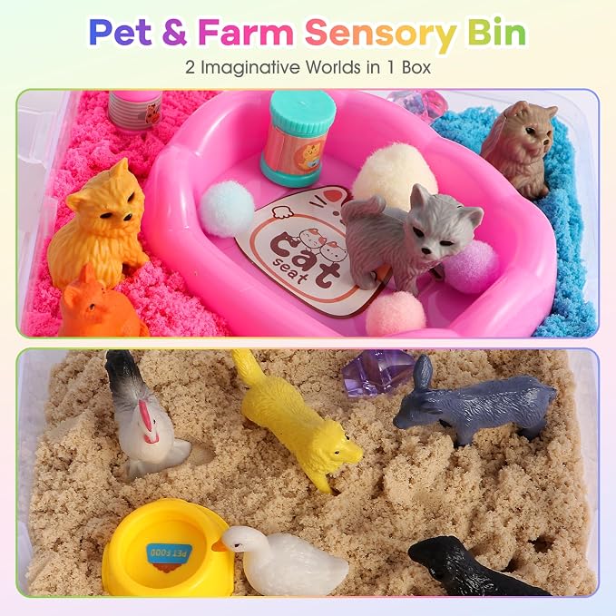 Farm & Pet Sensory Bin, Stackable Sandbox for Toddlers, Kids Play Sand Toys with Sensory Sand, Farm Figures & Pet Accessories, Birthday Gift for Girls Boys 3 4 5 6 Years Old