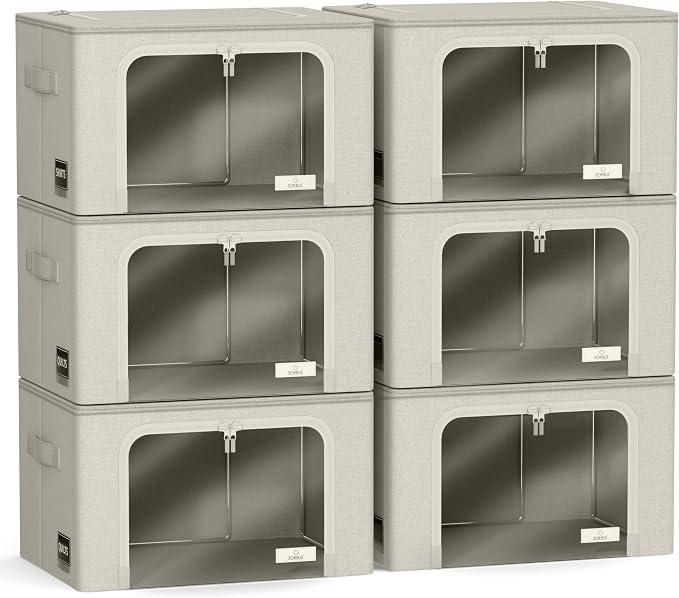 Sorbus Clothing Storage Bins with Clear Window, Metal Frame (6 Pack, Beige) | Oxford-fabric containers with carry handles stack neatly to organize bedding and linens in closets and laundry rooms.