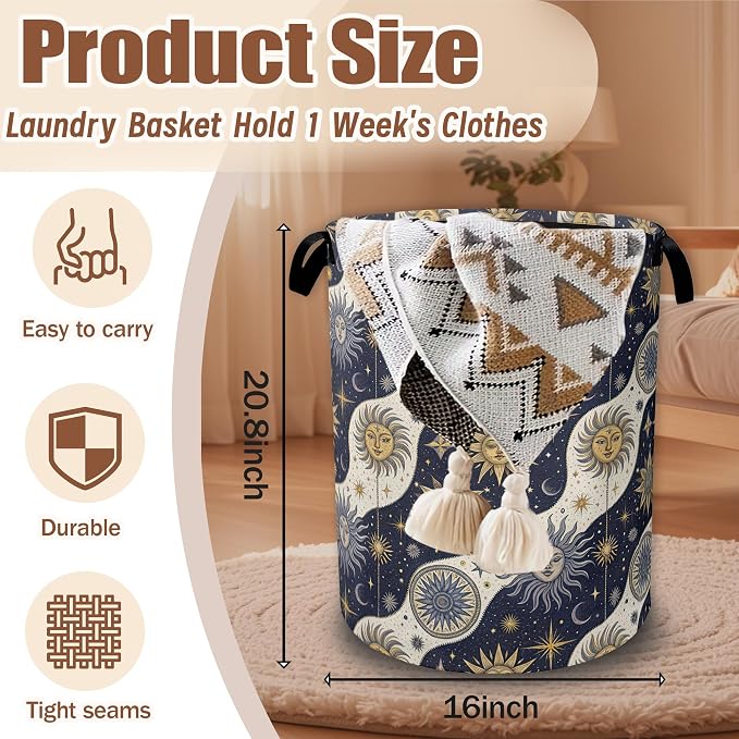 Celestial Golden Sun Moon Laundry Basket,Laundry Hamper Waterproof Oxford Cloth Tote Bag,Clothes Storage Bucket Decorative Toy Organizer for Bathroom Bedroom 16" x 20.8"