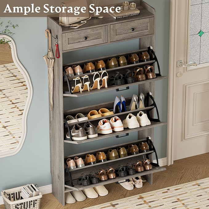 BORNOON Shoe Storage Cabinet for Entryway, Farmhouse Narrow Shoe Cabinet with 3 Flip Drawers & 2 Top Drawers, Adjustable Shelves & Hooks, Freestanding Hidden Rack Organizer for Hallway, Foyer