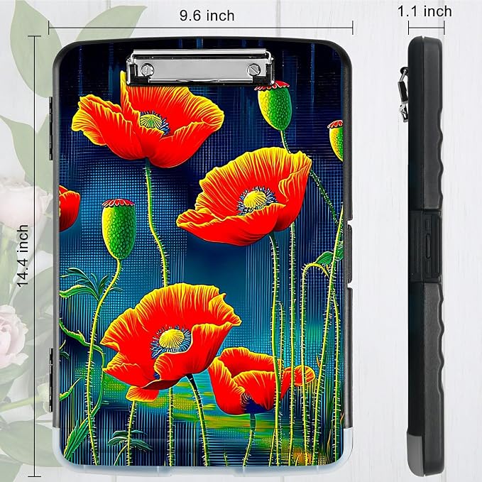 Artistic Red Flower A4 Clipboard with Storage Pen Holder, Clipboards Organizer Nursing Clipboard Foldable File Folder Plastic Clipboard Folio Clip Board for Office Students Classroom Doctor